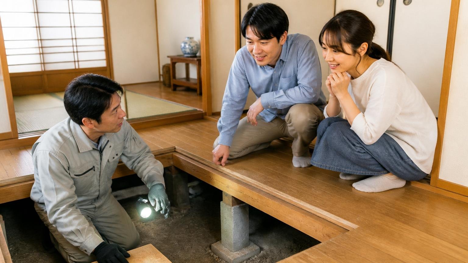 引っ越す前に検査する使い方。中古住宅の和室で床下点検に立ち会う30代の若い夫婦、安心した表情