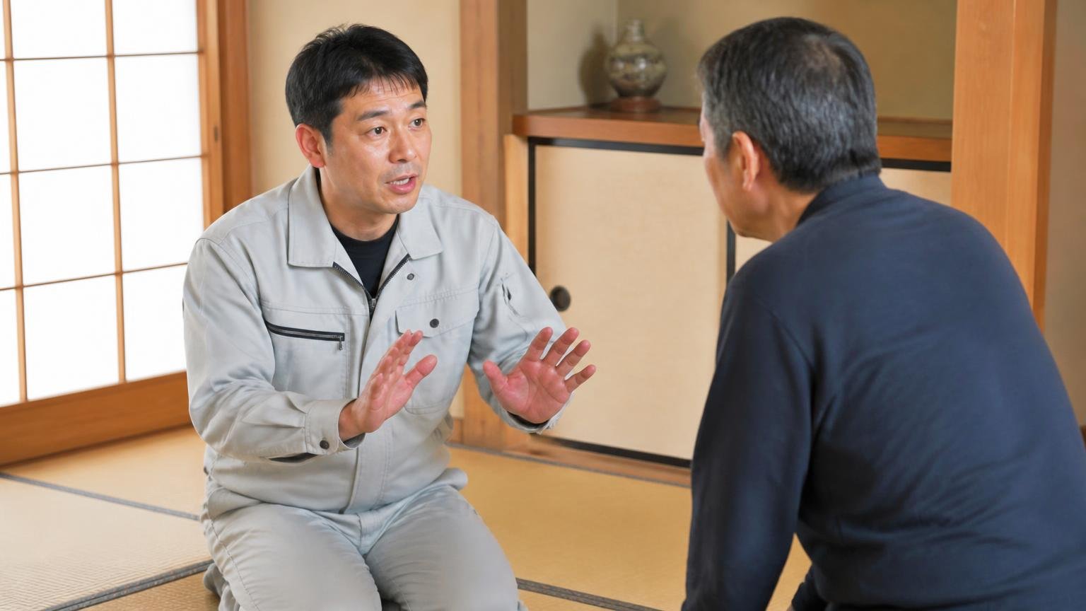 評価③対応が誠実でできないことをできないと言う 木造戸建ての和室で作業員1人が住人に率直に説明する