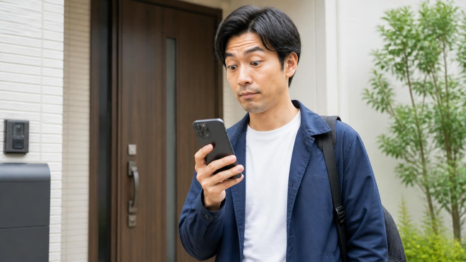 対応エリアが東京・神奈川・埼玉に限られる/自宅の玄関先でスマホの地図を見る/30代男性1人/地図を見て眉を上げる