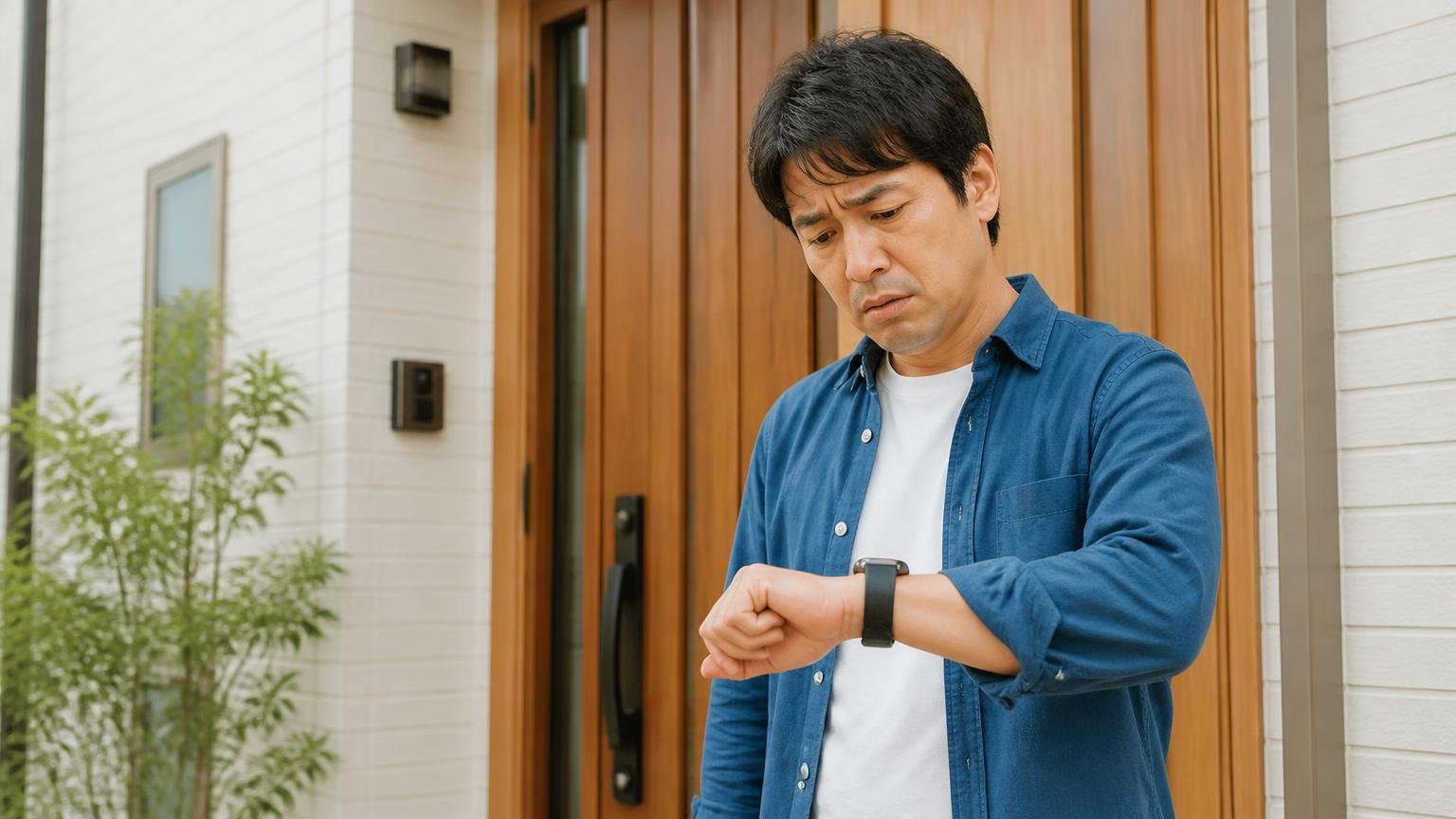 業者の到着を待つ場面 木造戸建ての玄関先で腕時計を見る住人1人 やきもきした表情