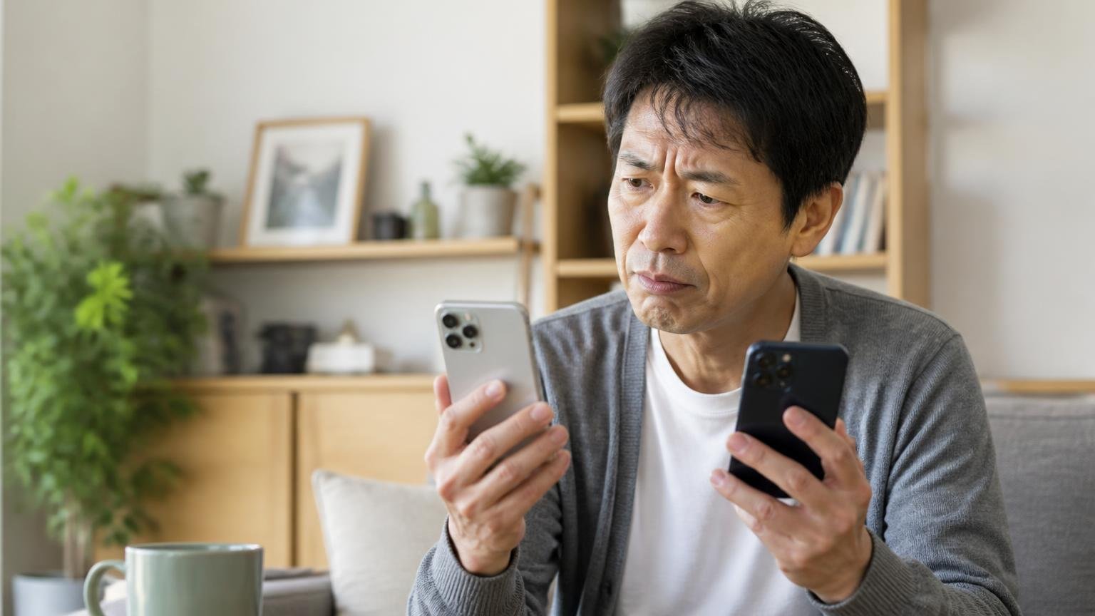 料金表示が媒体で食い違う。リビングでスマホの料金表示を見比べ首をかしげる40代男性