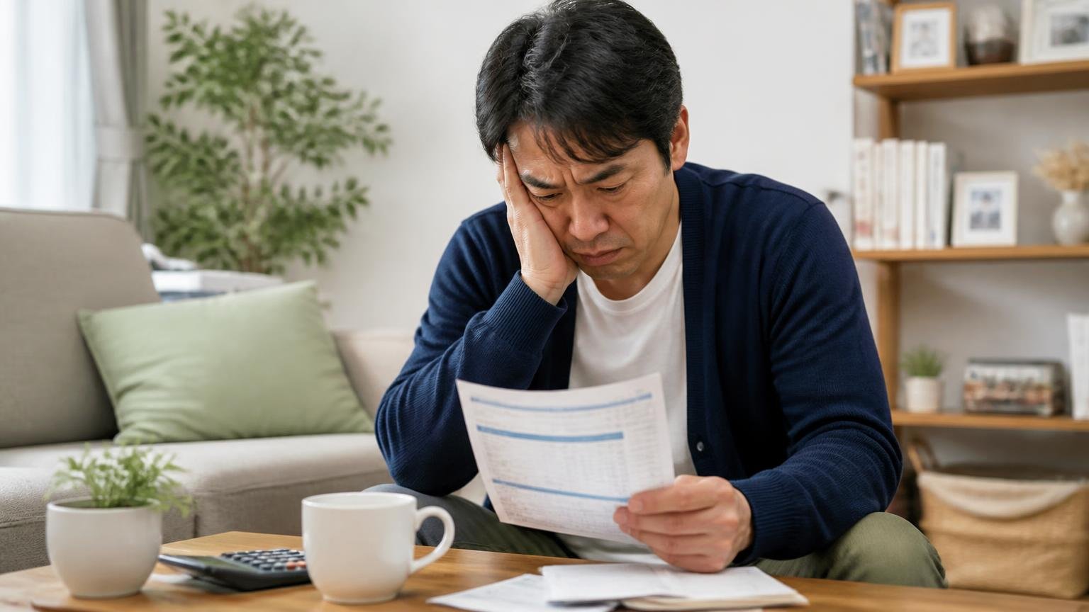 痛い出費だったので評価は低め|自宅リビングで請求書を手に肩を落としてうつむく40代男性