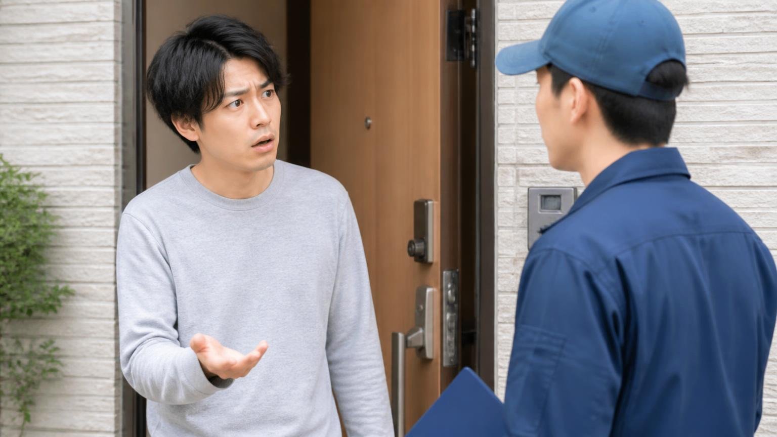 来たのは提携業者だったという声。住宅の玄関先で住人1人が作業員1人に困惑した表情で問いかける
