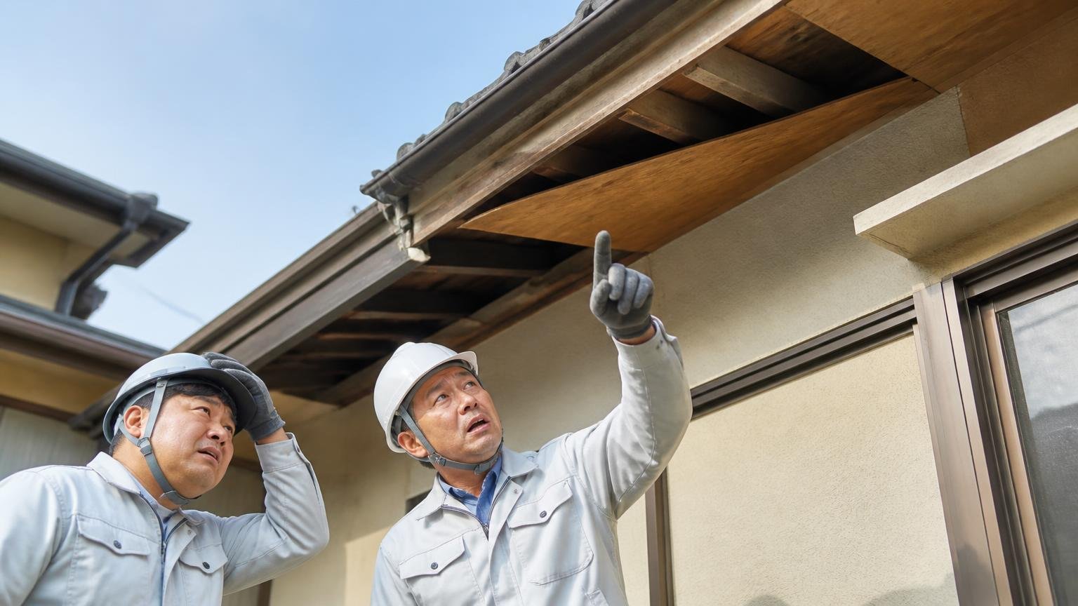 再侵入された記録。木造戸建ての屋根の軒下を見上げ、作業員2人が押し上げられた野地板を指差し落胆する