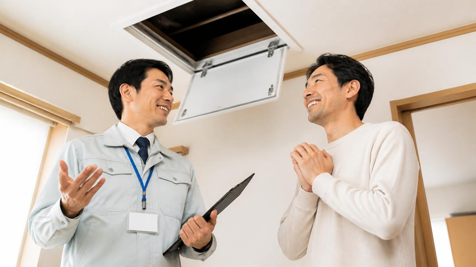 いなかったと正直に報告されたという口コミもある 住宅の天井点検口の下 調査員と住人の2人 ほっとした表情で報告を聞く