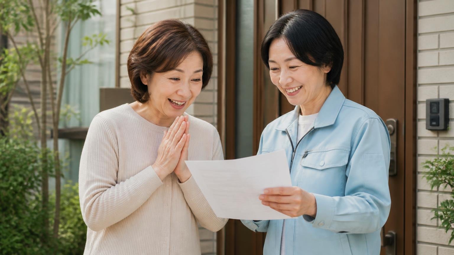 見積もりと現場に差が出ても金額を変えなかった 玄関先で見積書を受け取り安堵する50代女性 2人
