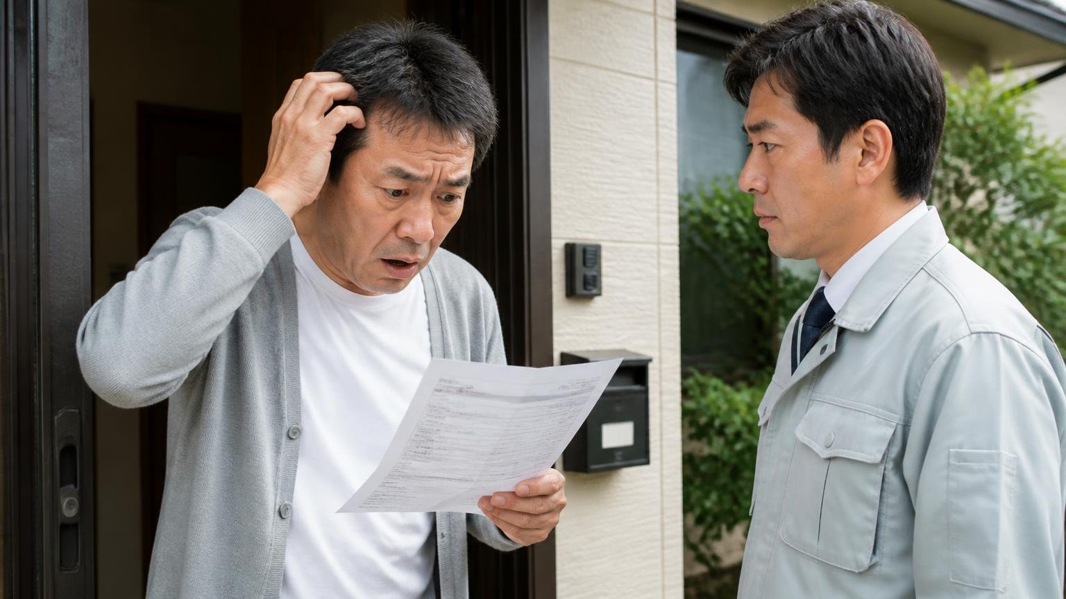 高額請求の相談が増えている状況。自宅の玄関先で請求書を手に困惑する50代男性1人と作業員1人