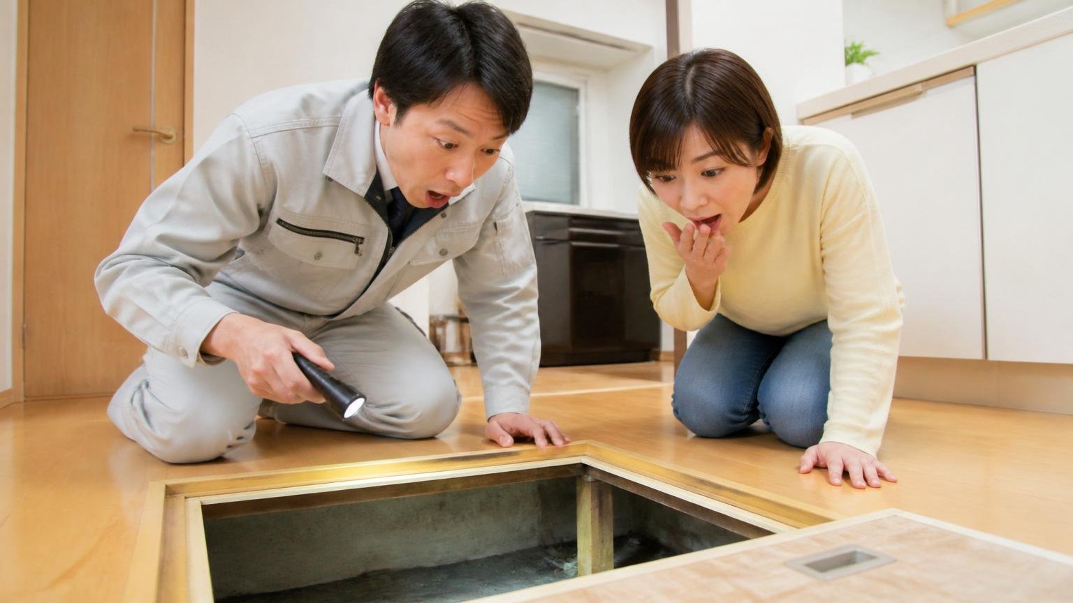 強み③ 害虫と害獣を1社で相談できる 住宅の床下点検口をのぞき込む作業員と住人の2人 驚いた表情