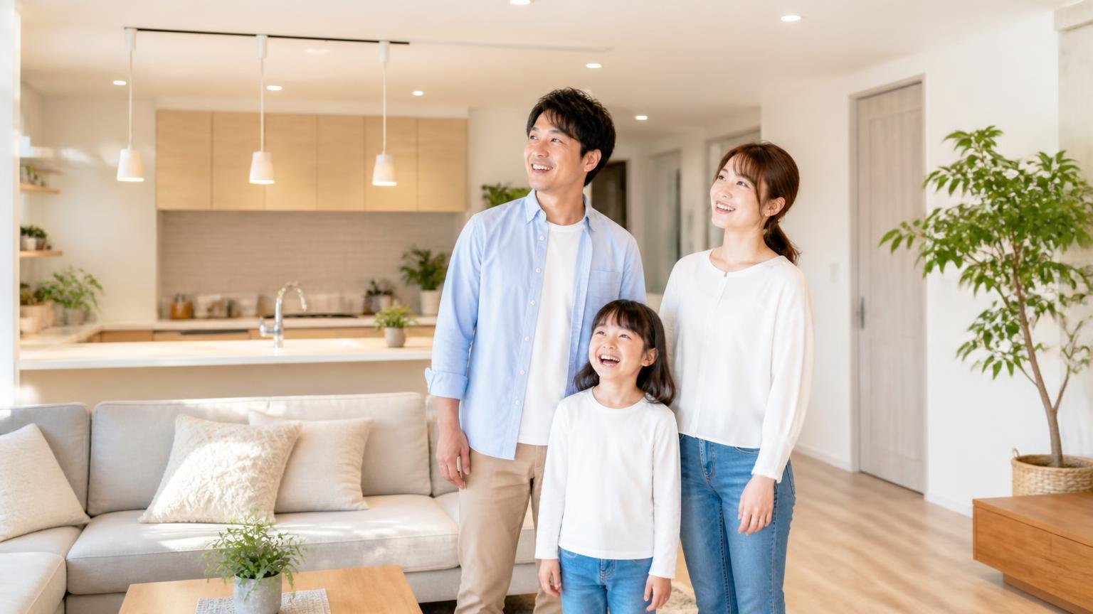 リフォーム分野の高評価から見える会社の姿、リフォーム後のリビングで満足そうに見渡す家族3人