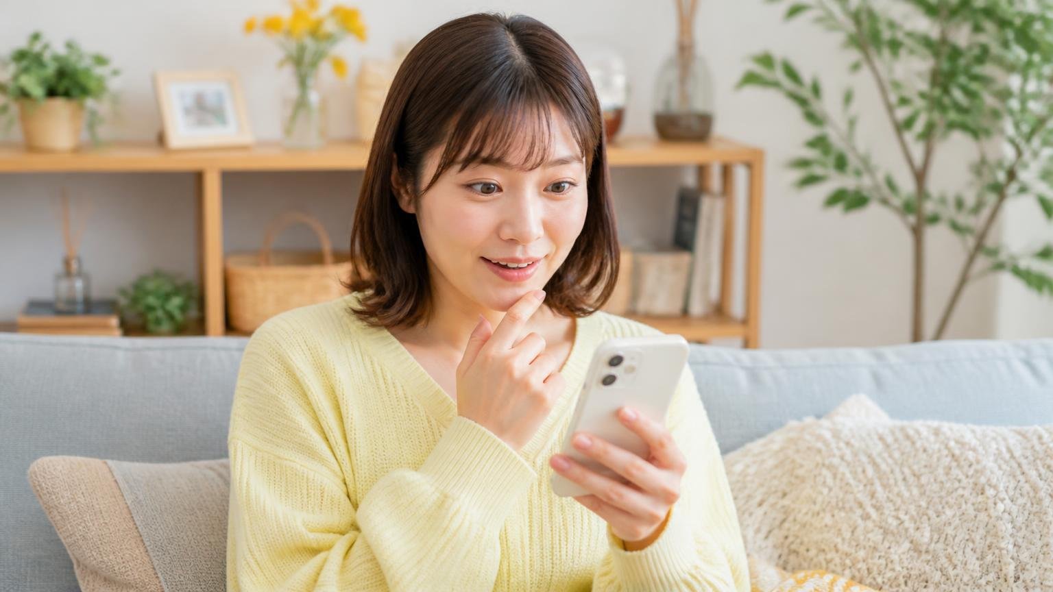 良い口コミに共通していたたったひとつのこと リビングで女性1人がスマホの口コミ画面を見て納得する表情