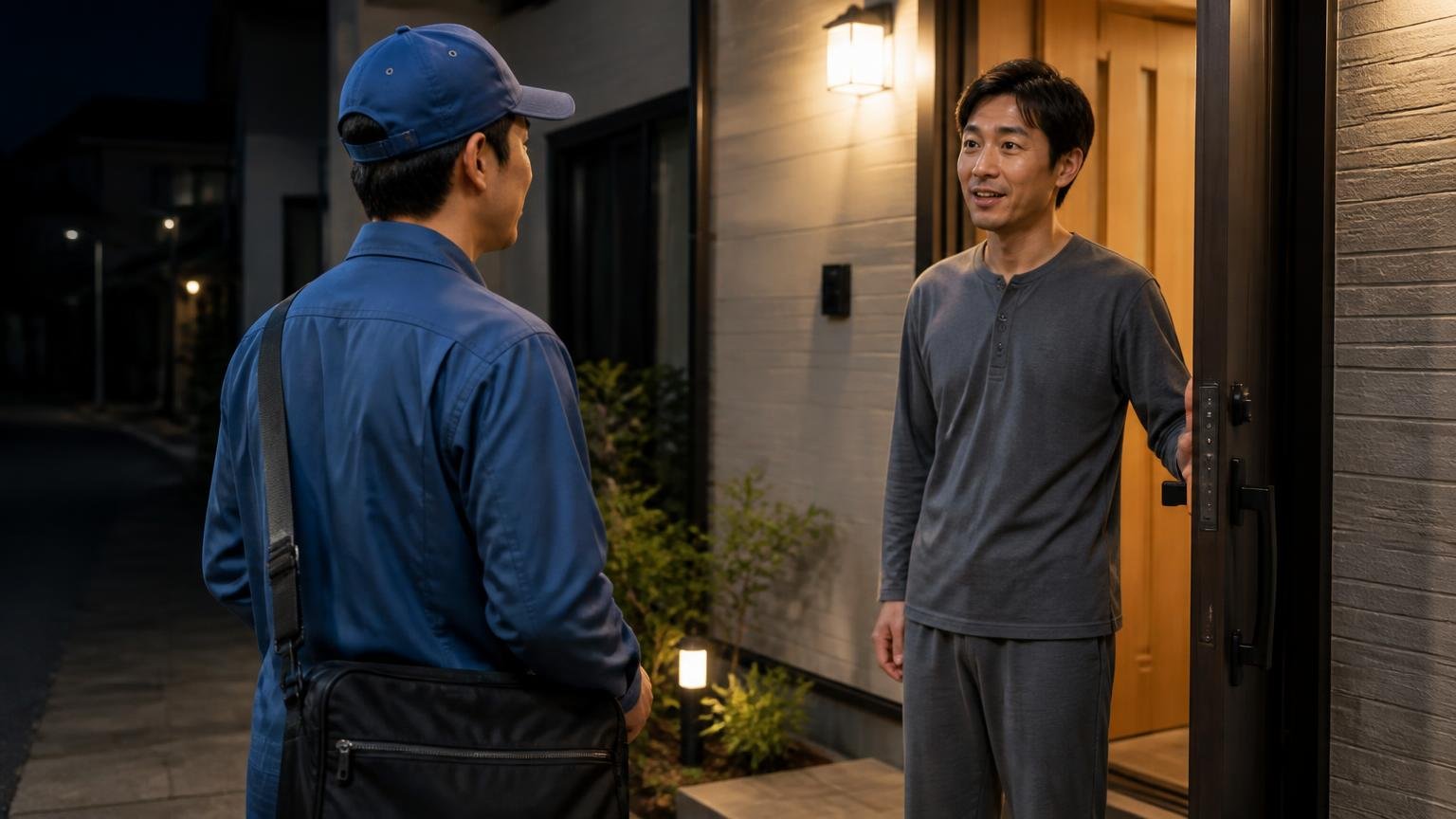 深夜や早朝でも到着が早かった。夜の戸建て玄関前で作業員1人が到着し住人の男性1人が出迎える