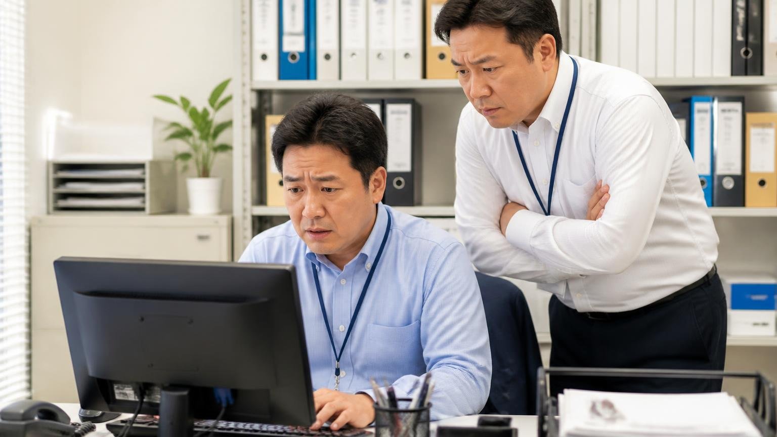 低評価への返信があるかどうか|事務所のパソコンで口コミ返信を打つ社員を上司が見守る