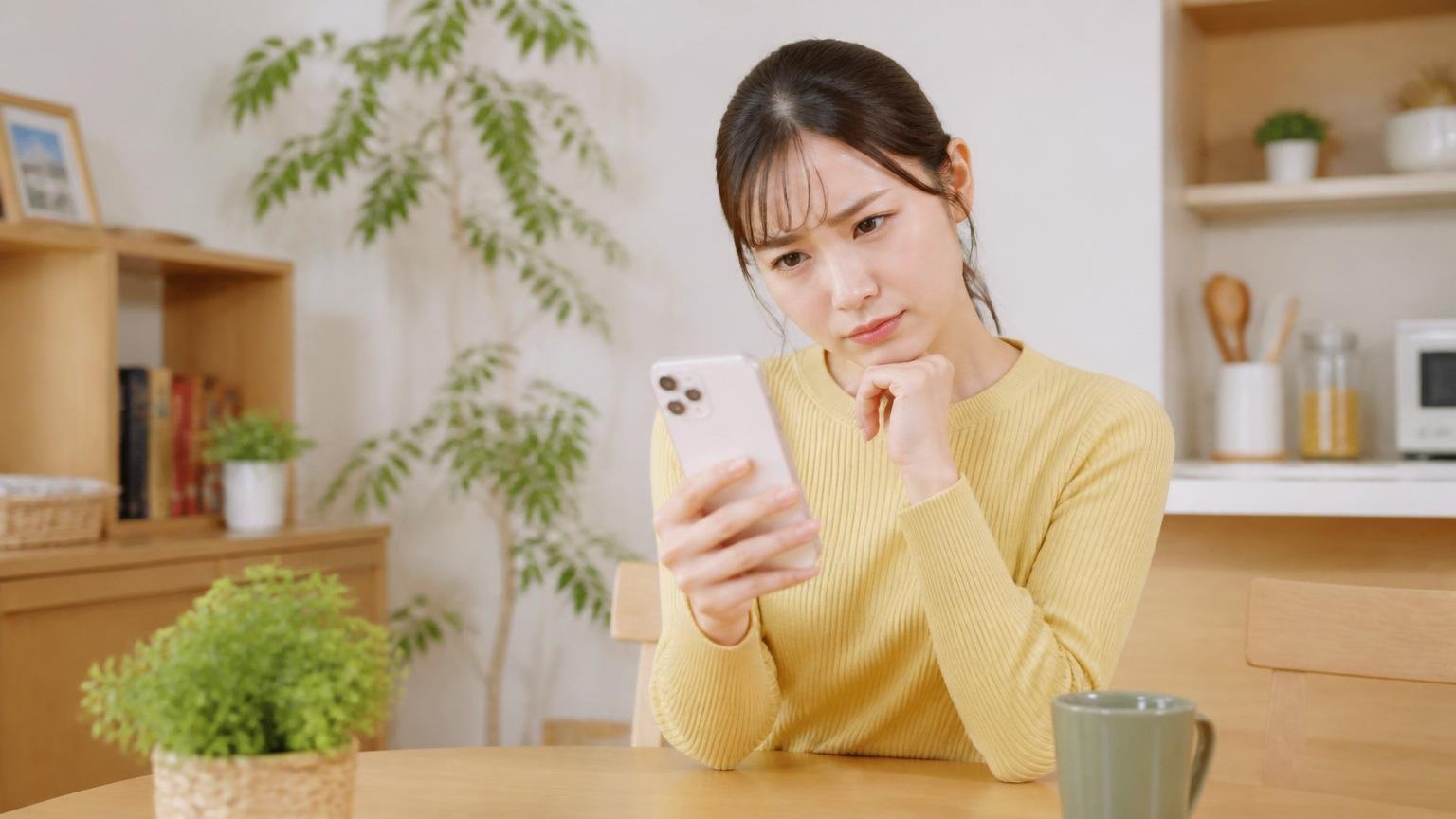 口コミを読むときの注意点を考える場面、自宅の食卓で女性1人がスマホの口コミ画面を見て首をかしげている
