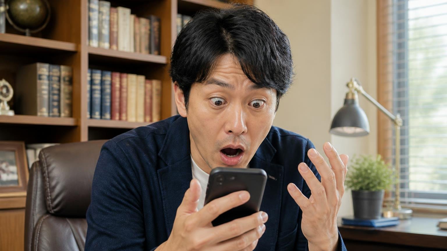 星の数に別事業の評価が混ざる。書斎で男性1人がスマホの星評価を見て驚き目を見開く