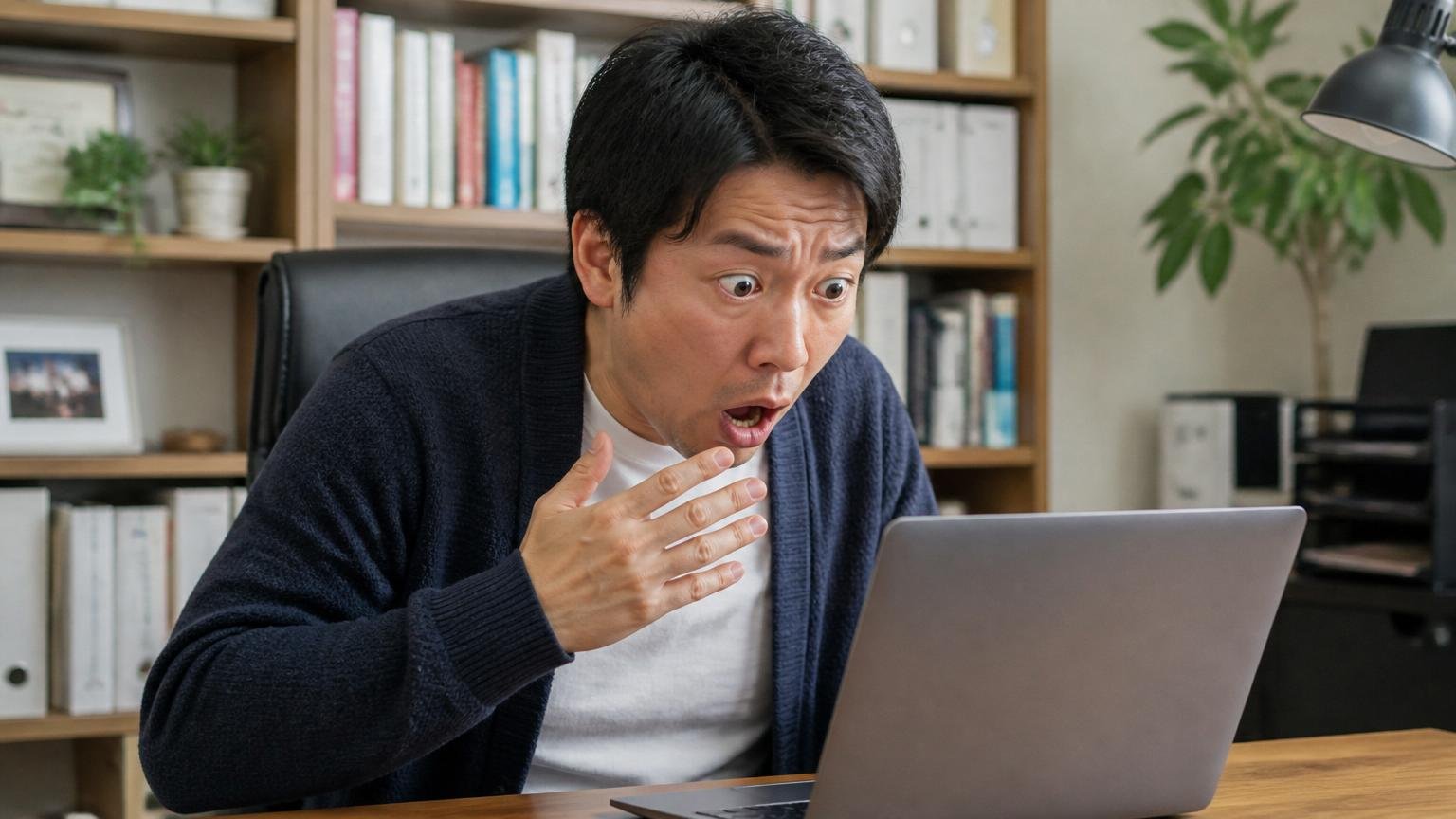 表示料金では保証がつかないと知る場面。自宅の書斎でパソコン画面を凝視する男性1人が驚いた表情