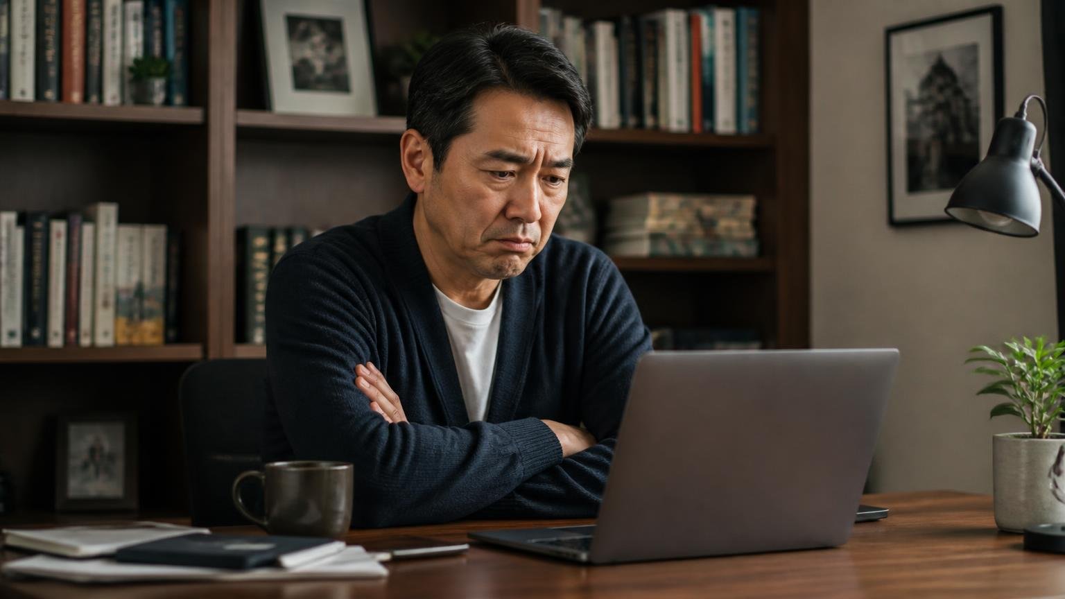 口コミの件数が少なく投稿時期も古い。書斎の机でノートパソコンを見る40代男性1人が腕を組み渋い表情