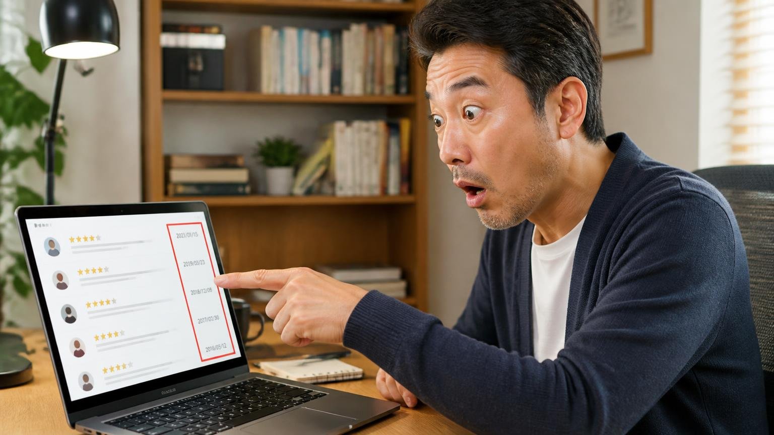 口コミの投稿日を確認して驚く場面。書斎でパソコン画面を指さす40代男性1人が目を見開く
