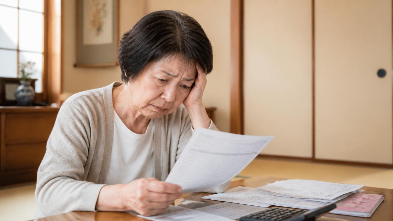 業界全体で料金トラブルの相談が増えている。自宅の和室で60代女性1人が請求書を手に肩を落とす