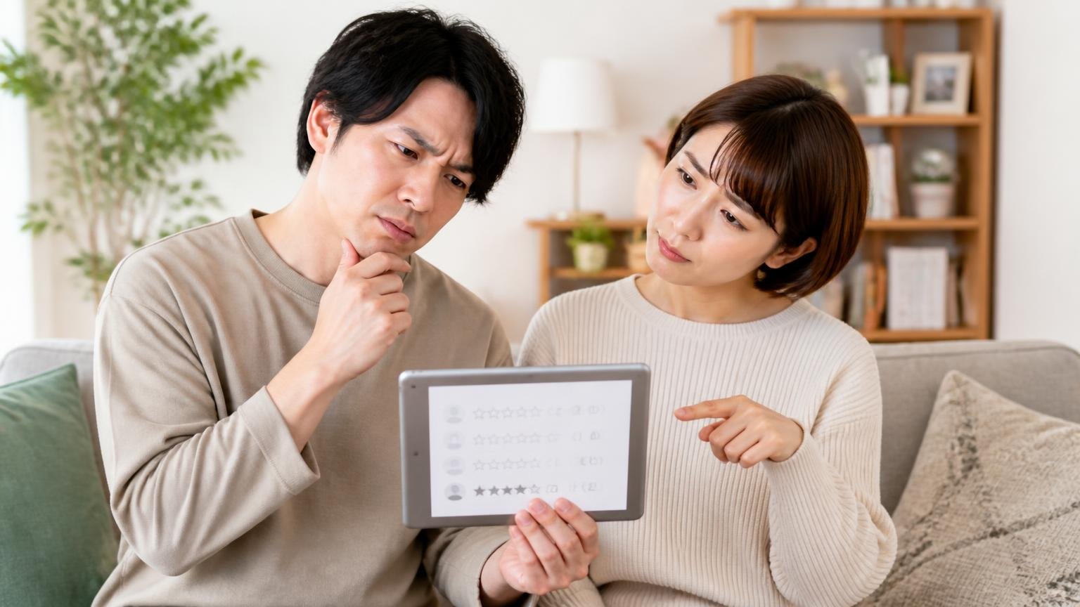 悪い口コミは確認できず件数も少ない|リビングでタブレットの評価画面を指さし首をかしげる男女2人