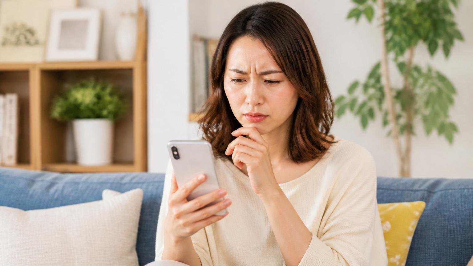社員の口コミを読み比べる場面。自宅リビングのソファでスマホ画面を見て眉をひそめる30代女性1人