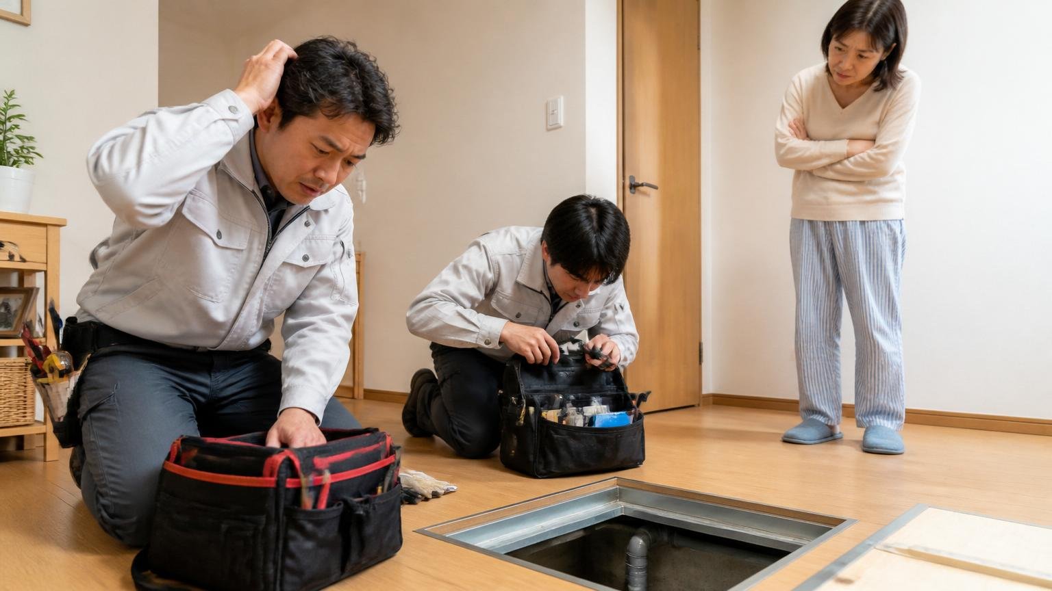 施工当日の段取りに戸惑う場面。住宅の床下点検口の前で作業員2人が道具を探し、住人が腕を組んで見ている様子