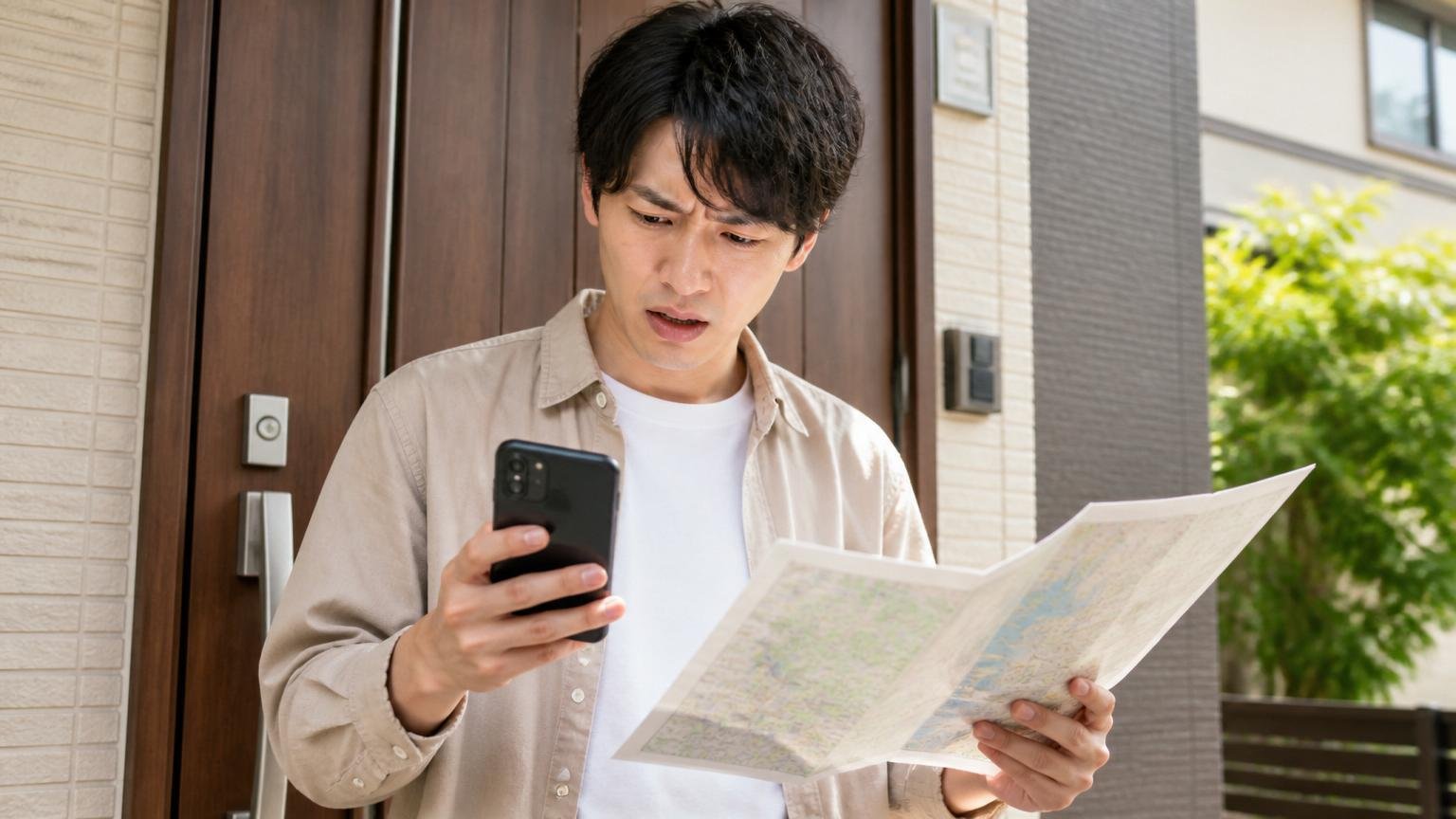 対応エリアの記載が食い違うことに気づく場面、自宅の玄関先で男性1人がスマホと地図を見比べて困惑している