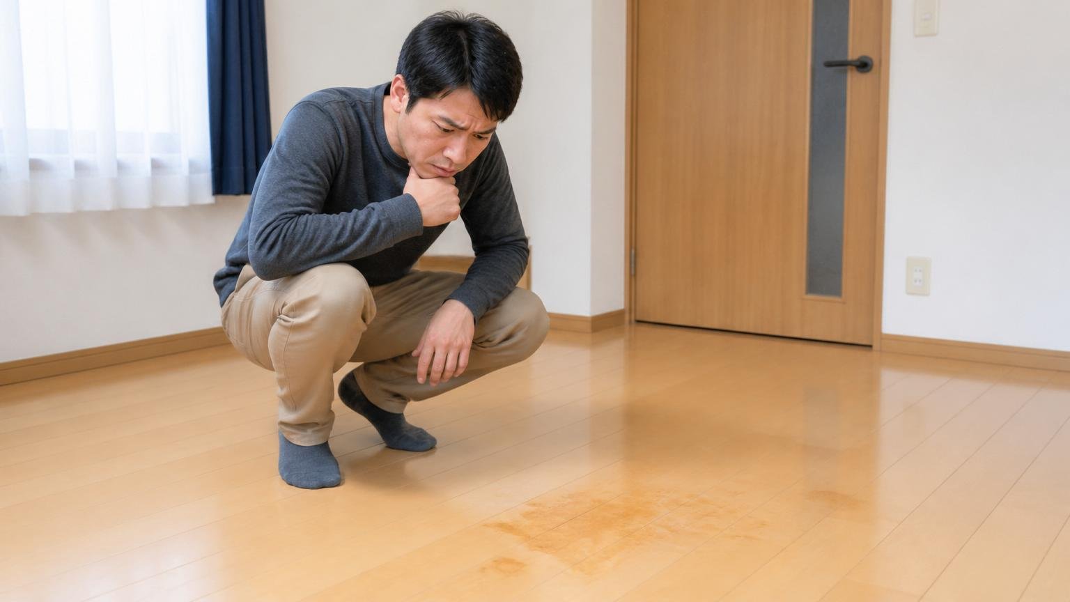 薬剤のシミが床に残ってしまった場面。住宅の居室の床を住人1人がしゃがんで見つめ困った表情を浮かべる