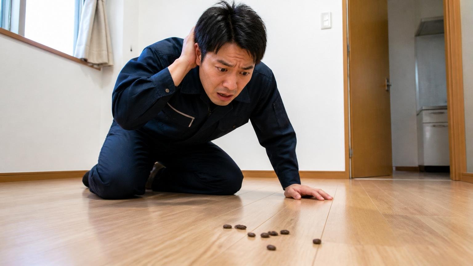 清掃範囲の確認漏れ 住宅の床に落ちたフン 男性1人 床を見て困った表情