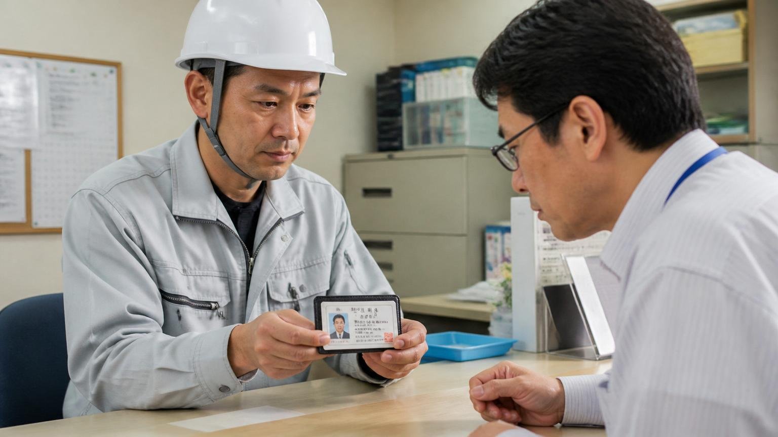 登録番号のある資格を持っているか確認する 事務所のカウンターで資格証を見せる作業員と確認する住民が真剣な表情