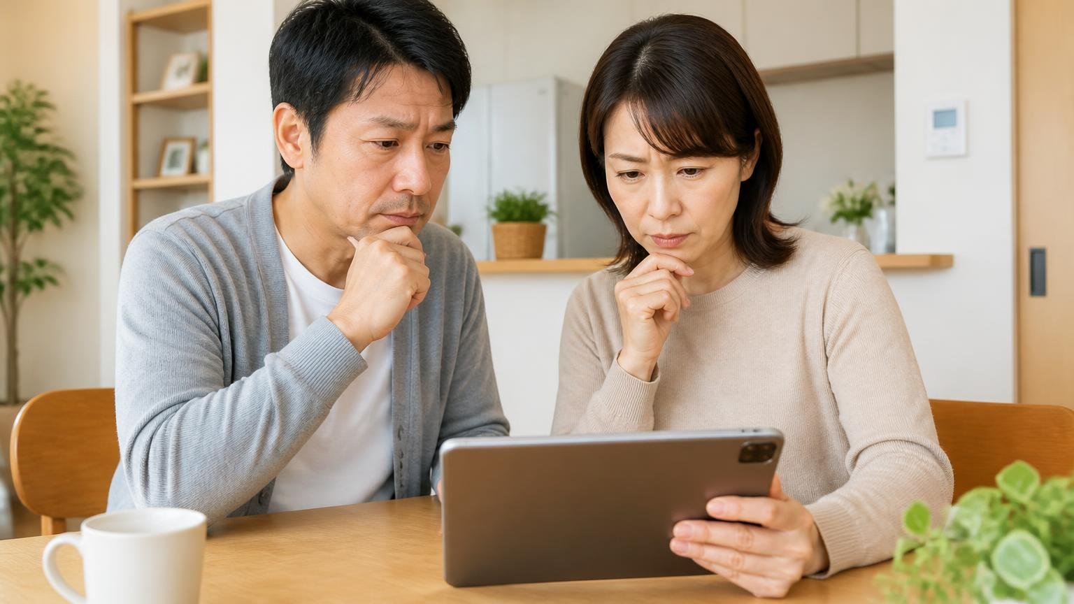 公式サイトの料金と但し書きを確認する場面。自宅のダイニングでタブレットを覗き込む夫婦2人が真剣な表情