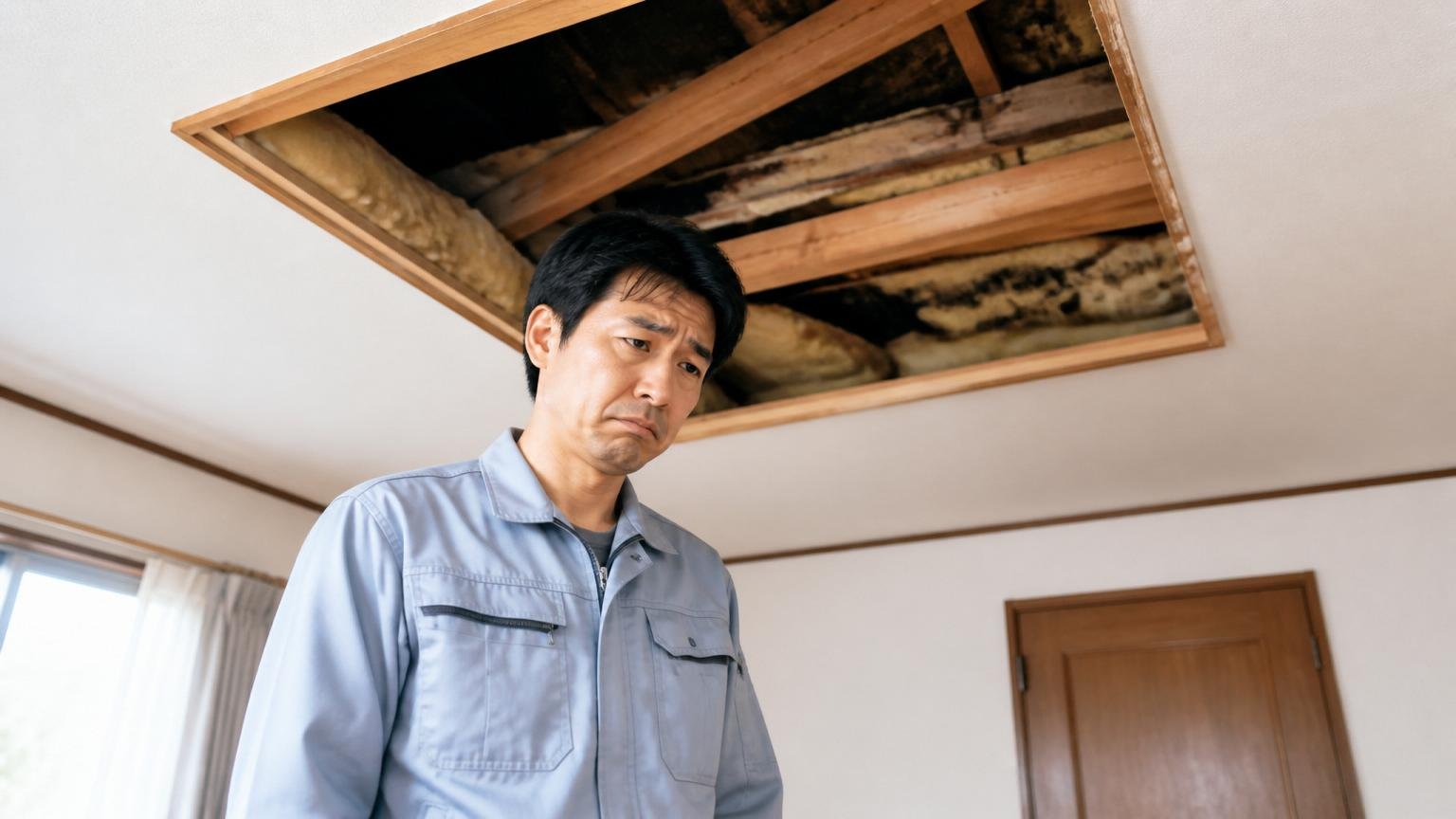 「1ヶ月もたたないうちにまた出始めた」を教訓に変える。木造戸建ての天井裏を見上げる男性1人が肩を落とす表情
