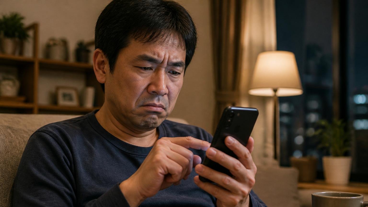 低評価の口コミを探す場面。夜のリビングでスマホの口コミ画面をスクロールする40代男性が眉をひそめる