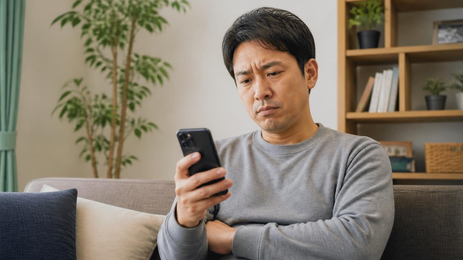 星1星2は確認できなかった|自宅で40代男性がスマホを見ながら腕を組み考え込む