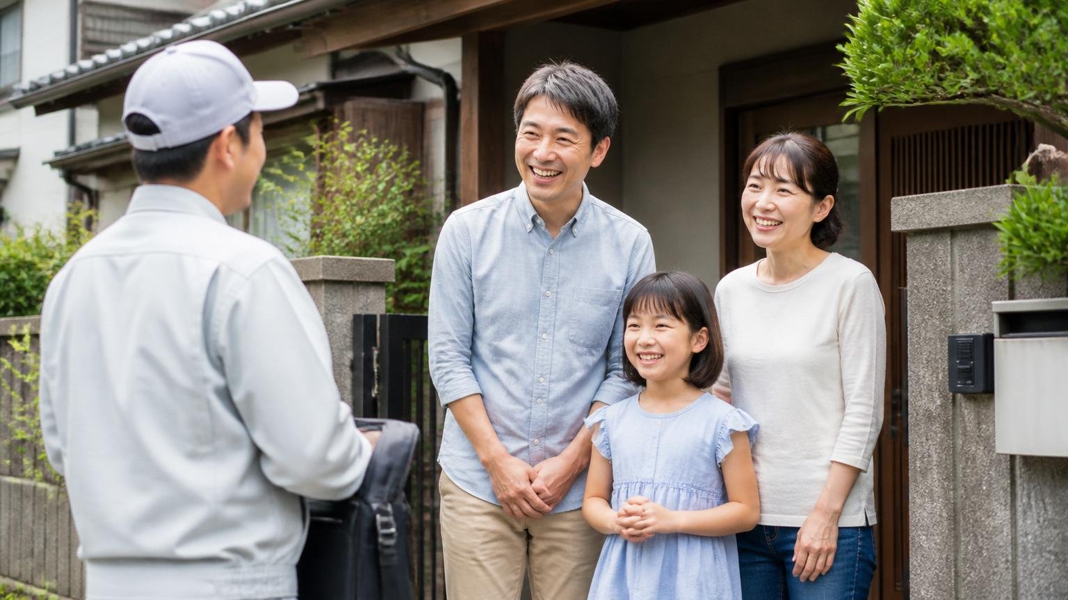 害獣バーサスが向いている人の条件。関西の木造戸建ての前で家族3人が笑顔で作業員を出迎える