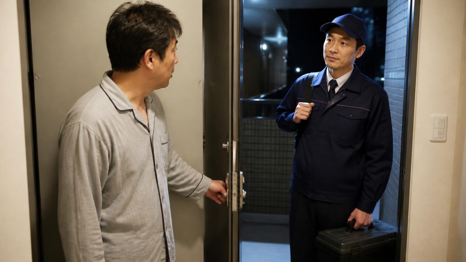 深夜0時過ぎに30分で到着。夜のマンション玄関で作業員を迎える寝間着姿の男性