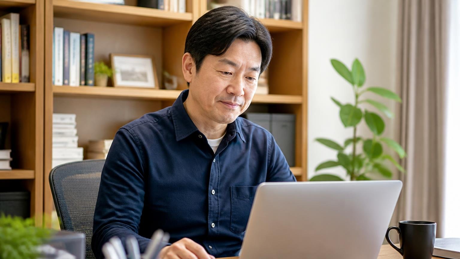 公的な登録番号を確認する場面。自宅の書斎でパソコンの会社概要ページを読む40代男性1人がうなずく