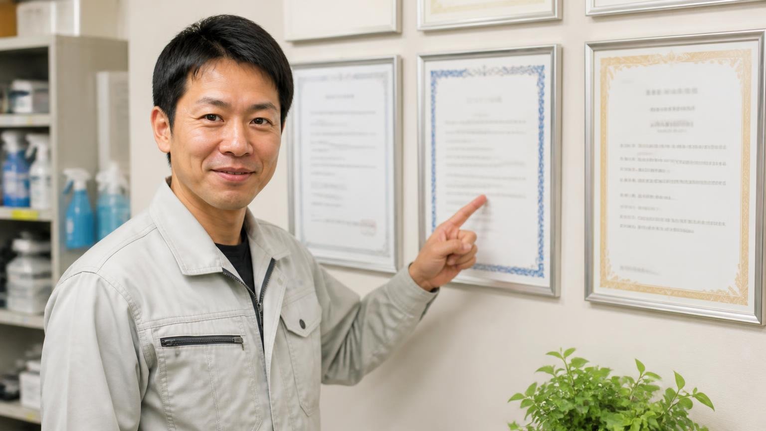業界団体への加盟と公的な登録番号の確認|駆除会社の事務所の壁|作業服の男性1人|掲示された登録証を指さして説明する