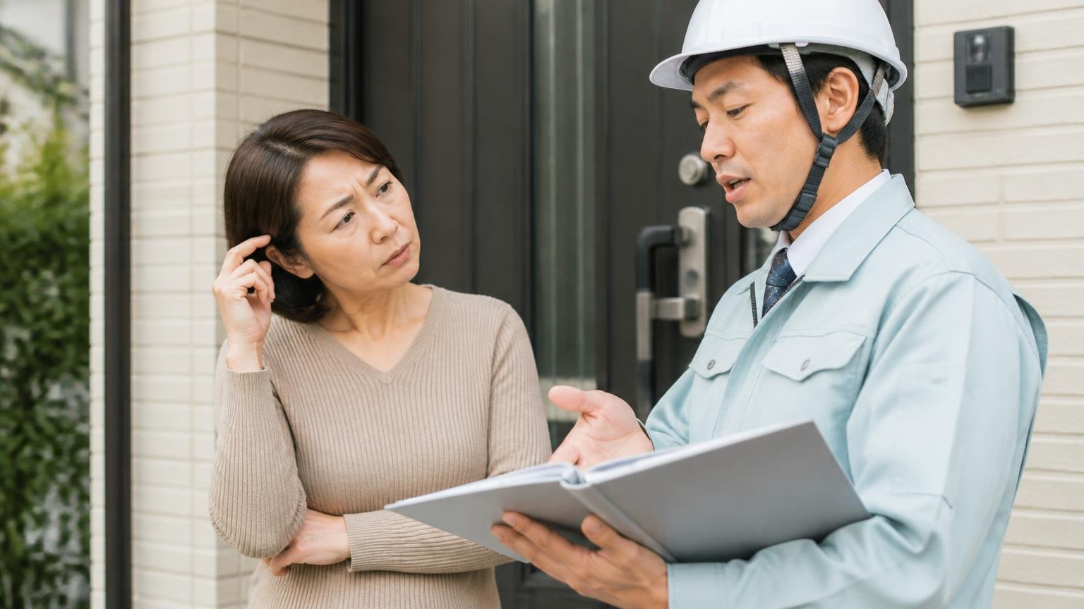説明が分かりにくかったという声 玄関先で作業員の説明を聞きながら首をかしげる50代女性