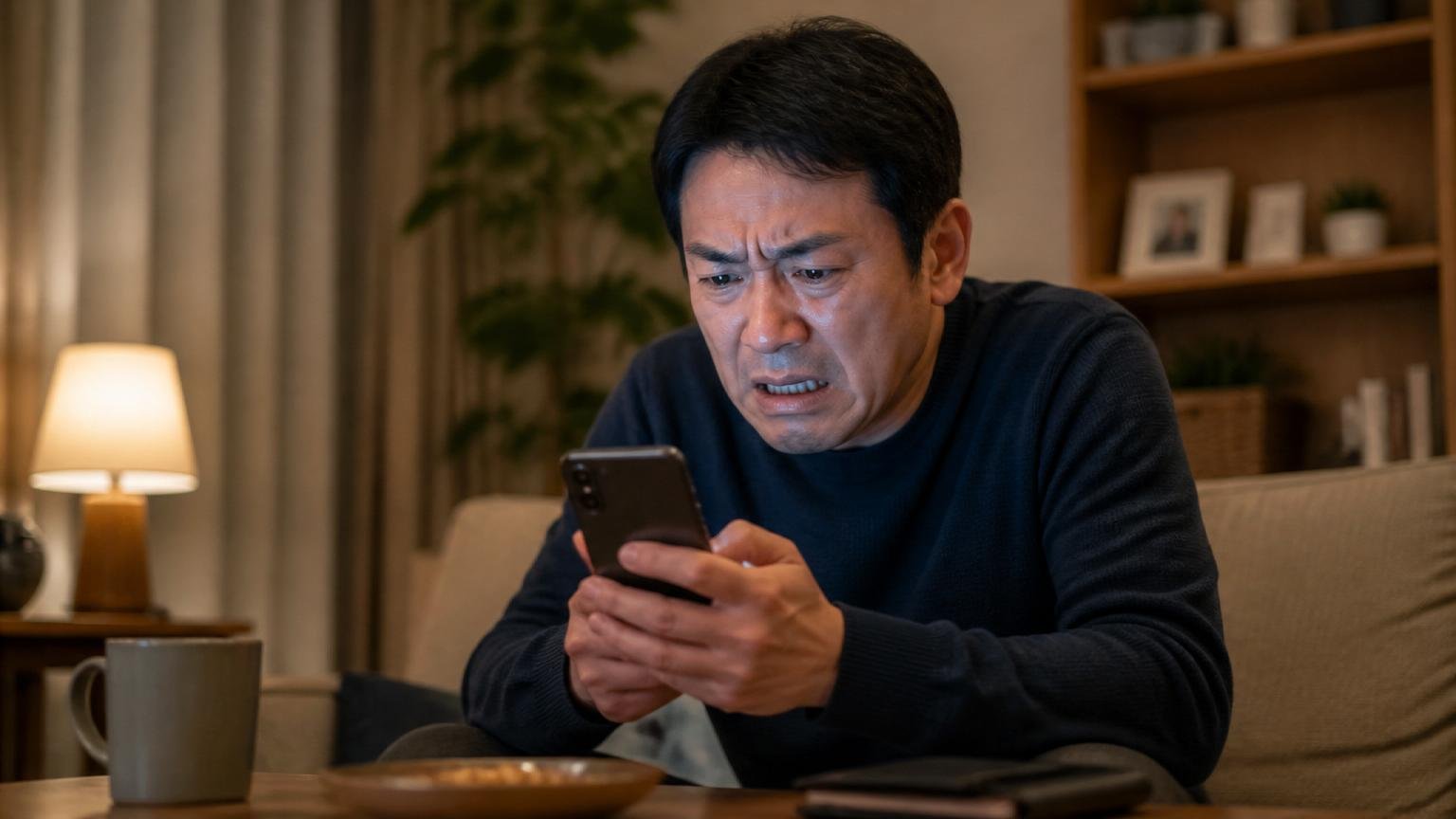 ぼったくられたという口コミの中身。夜のリビングでスマホを見る40代男性1人が険しい表情