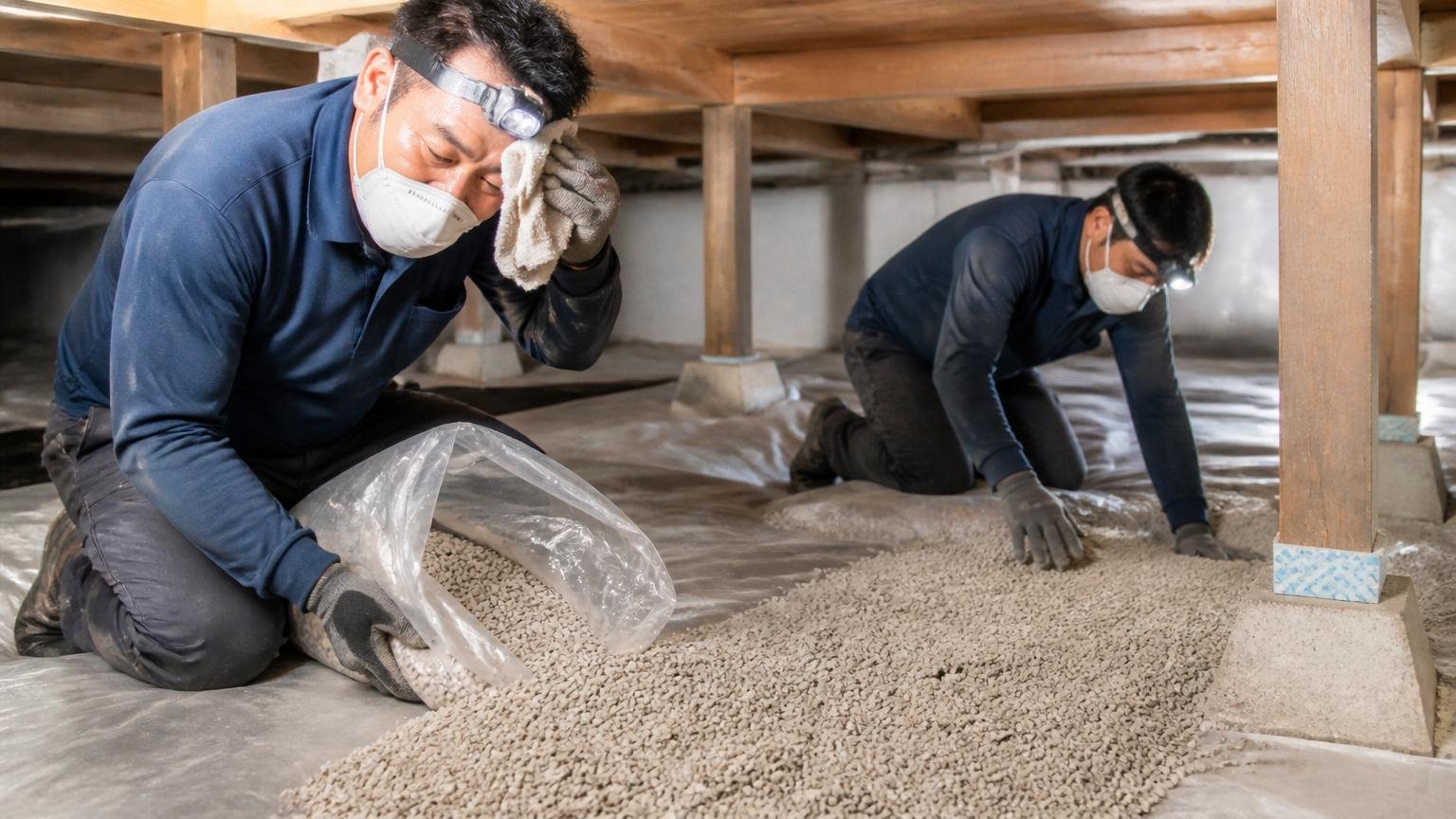 シロアリ駆除・害虫駆除・環境改善の3つの柱 住宅の床下で作業員2人が調湿材を敷き汗をぬぐいながら作業する