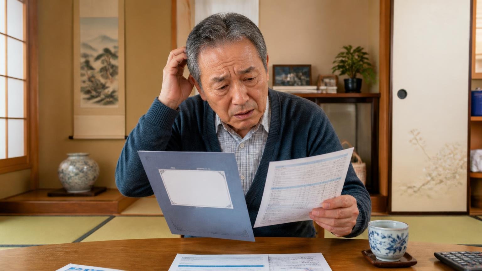 10年保証と毎年のメンテナンス費用をめぐる声|住宅の和室で高齢の住人1人が保証書と請求書を見比べて困惑する