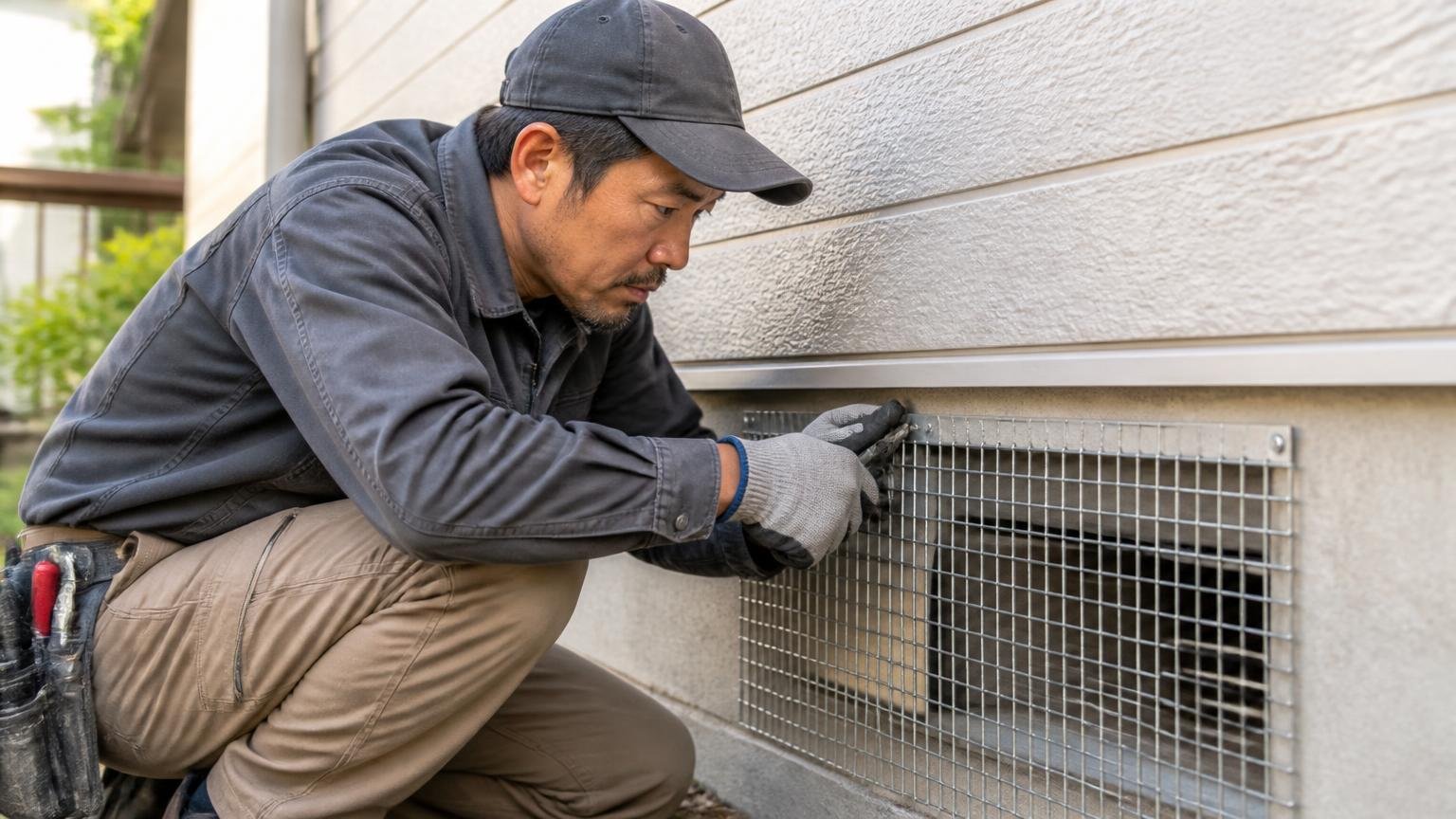 害獣駆除の基本料金と封鎖の資材費。住宅の外壁まわりで侵入口を金網でふさぐ作業員、集中した表情