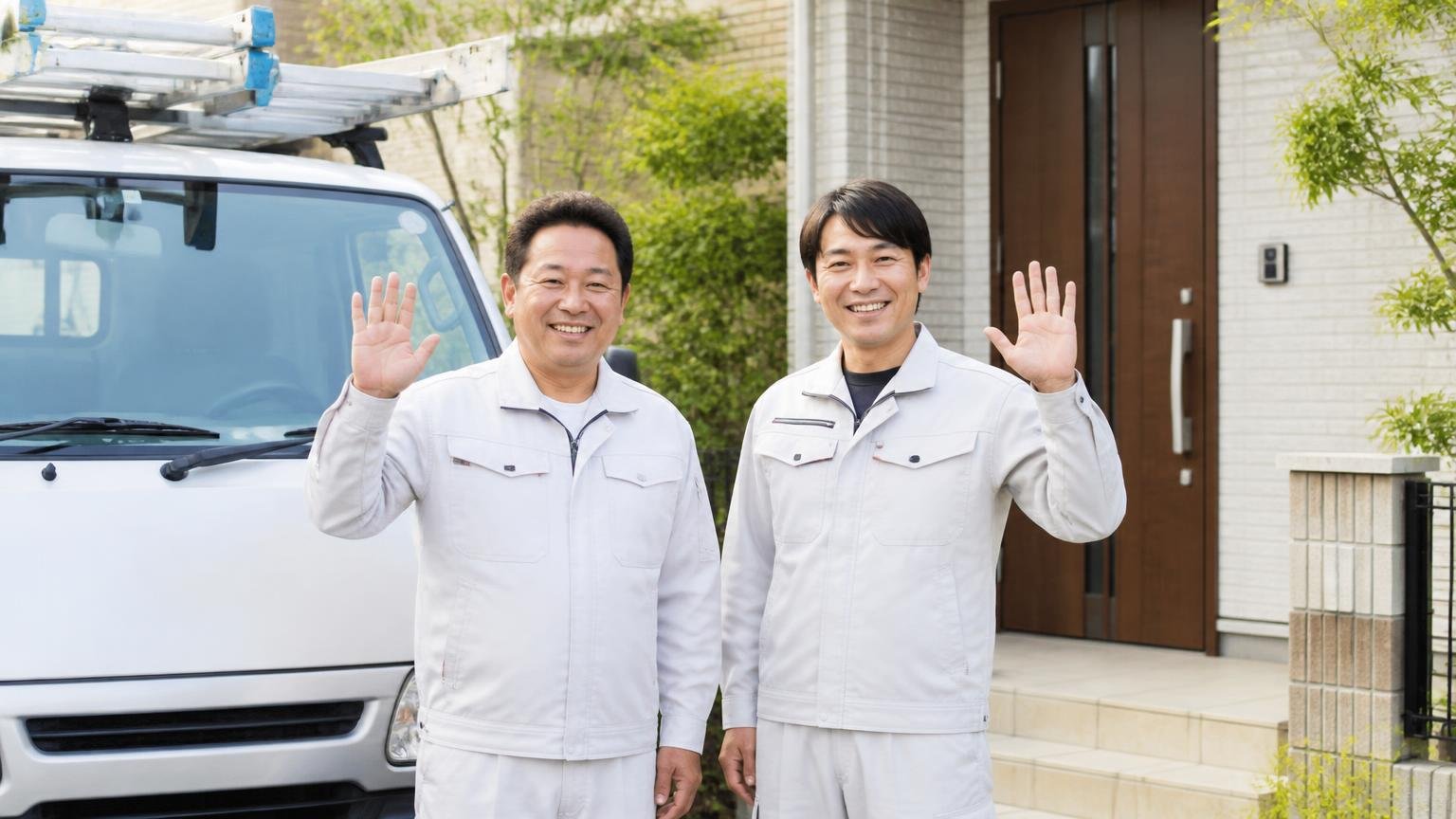 口コミが少ない業者がダメとは限らない理由、住宅の玄関前で作業車の前に立つ作業員2人が笑顔で挨拶
