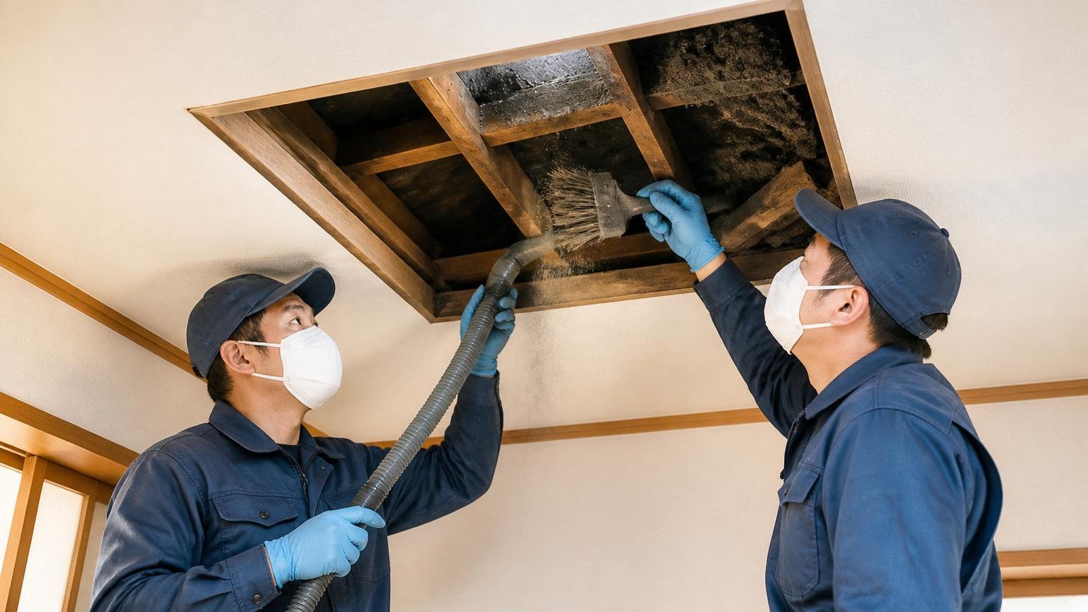 害獣の口コミは清掃まで。木造戸建ての天井裏点検口で作業員2人が清掃道具を手に作業する