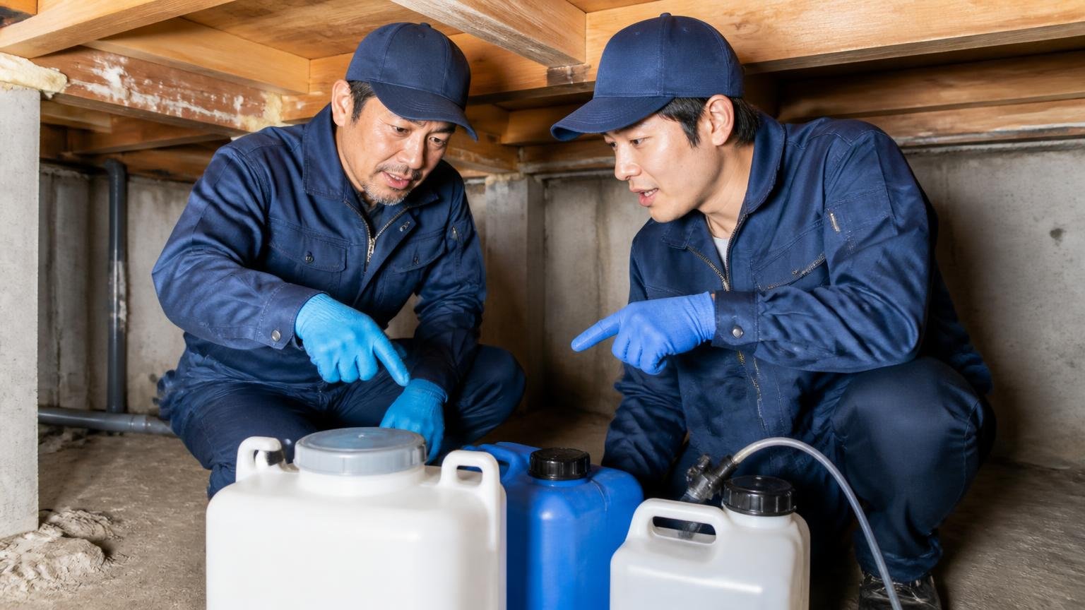 シロアリ駆除の薬剤別1坪あたり料金。住宅の床下で作業員2人が薬剤タンクを前に指さし確認する