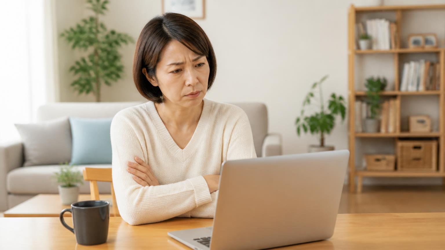 公開範囲で明確な低評価は見つからなかった 住宅のリビングで40代女性が1人パソコンで検索し腕を組む
