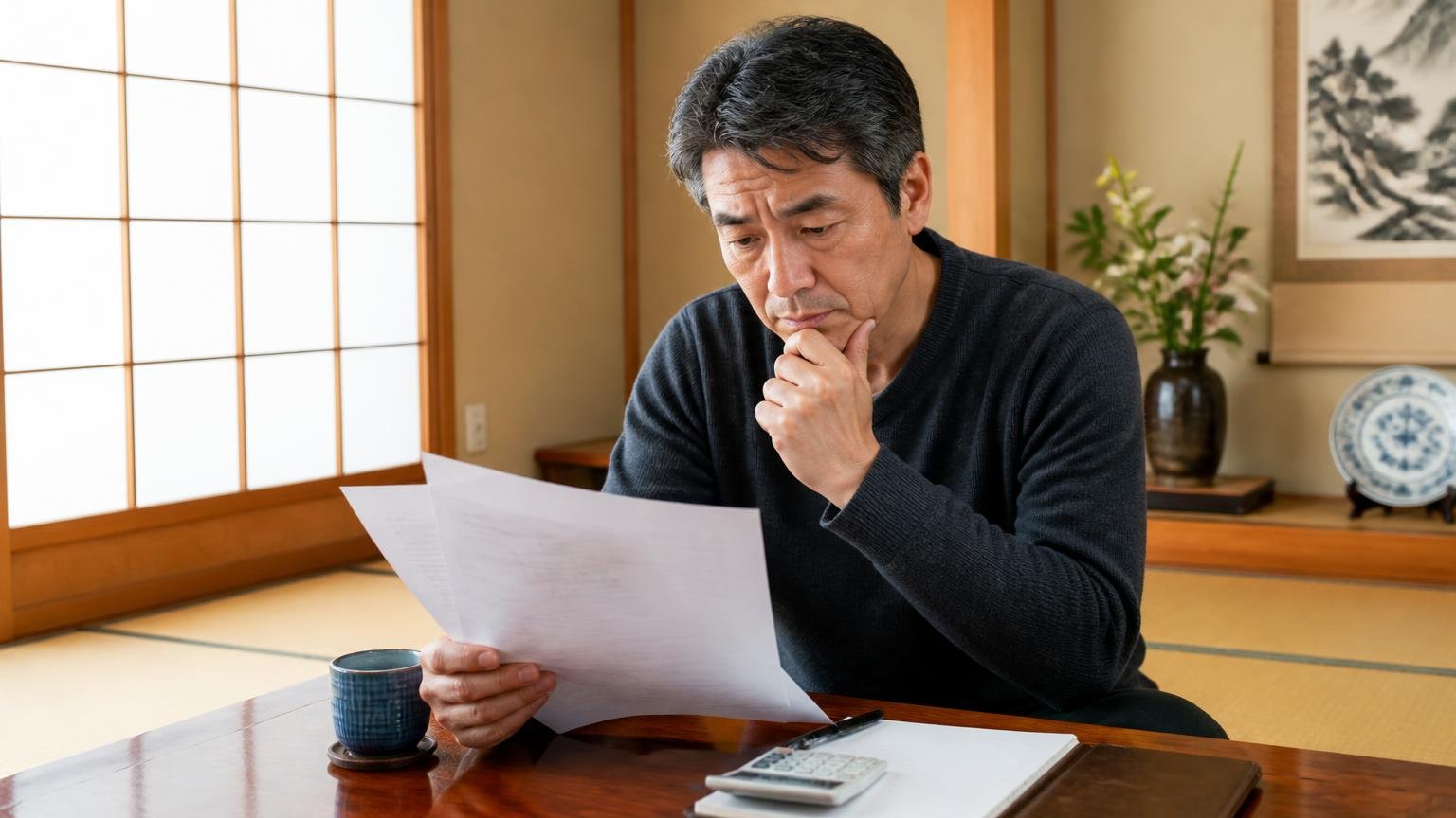 ねずみ駆除はAプランとBプランの2種類/戸建ての和室で見積書を確認する/50代男性1人/書類を手にして考え込む