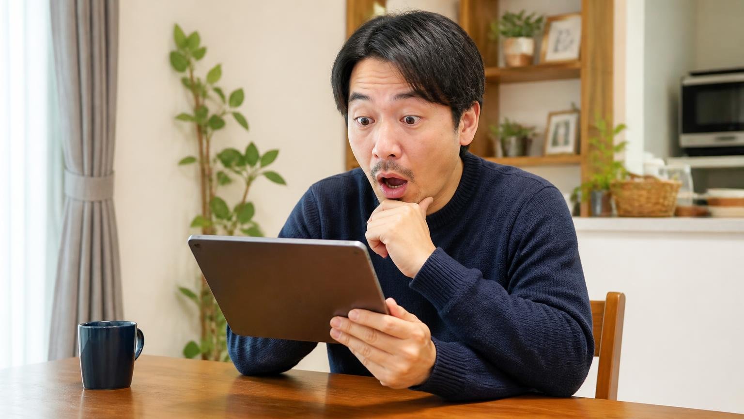 口コミの投稿日を確かめる場面 自宅のダイニングでタブレットを見る男性1人 気づいた表情