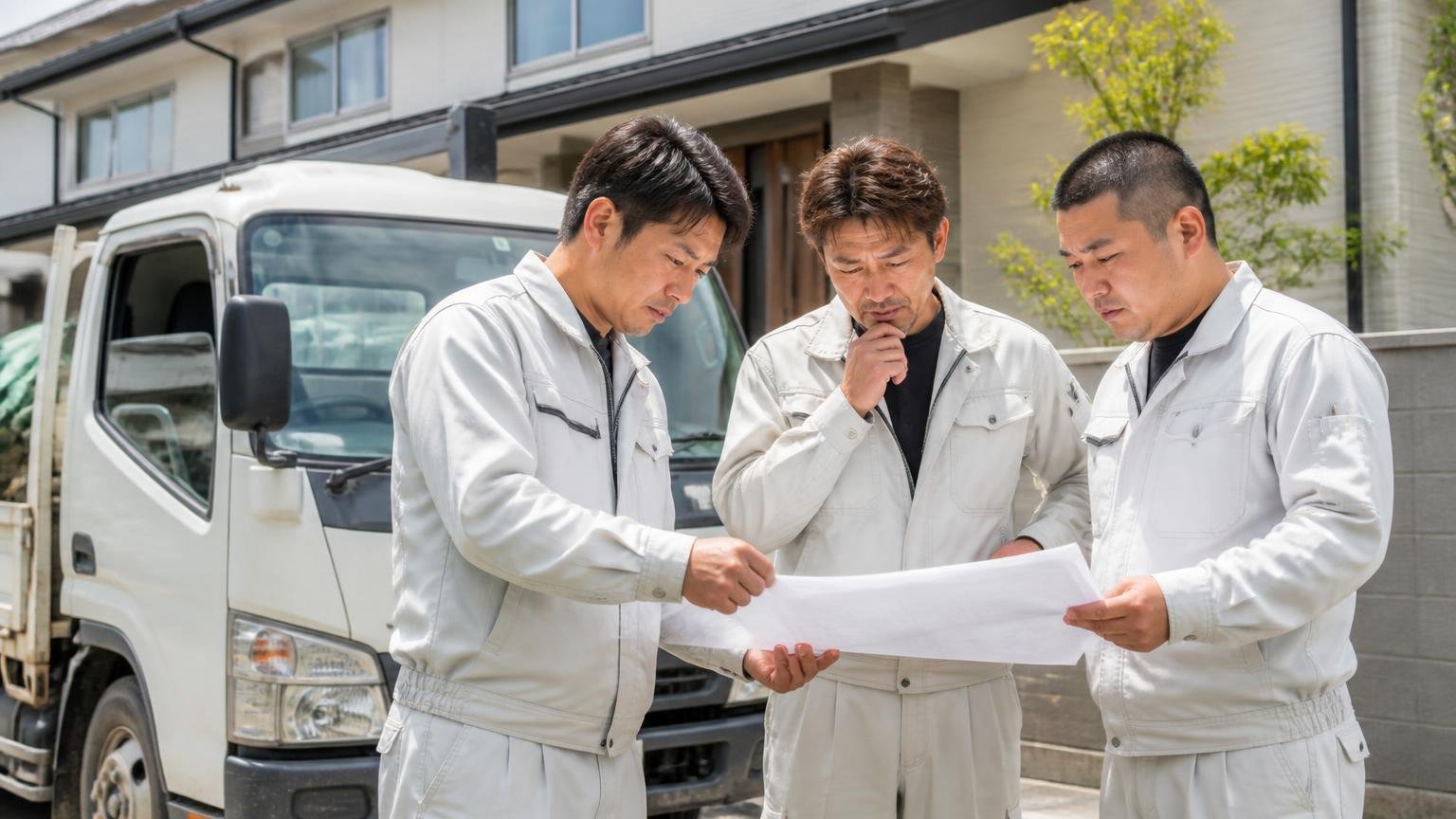創業40年以上・年間1万件以上の土台。戸建て住宅の前に停めた作業車の横で書類を広げ打ち合わせをする作業員3人が真剣な表情