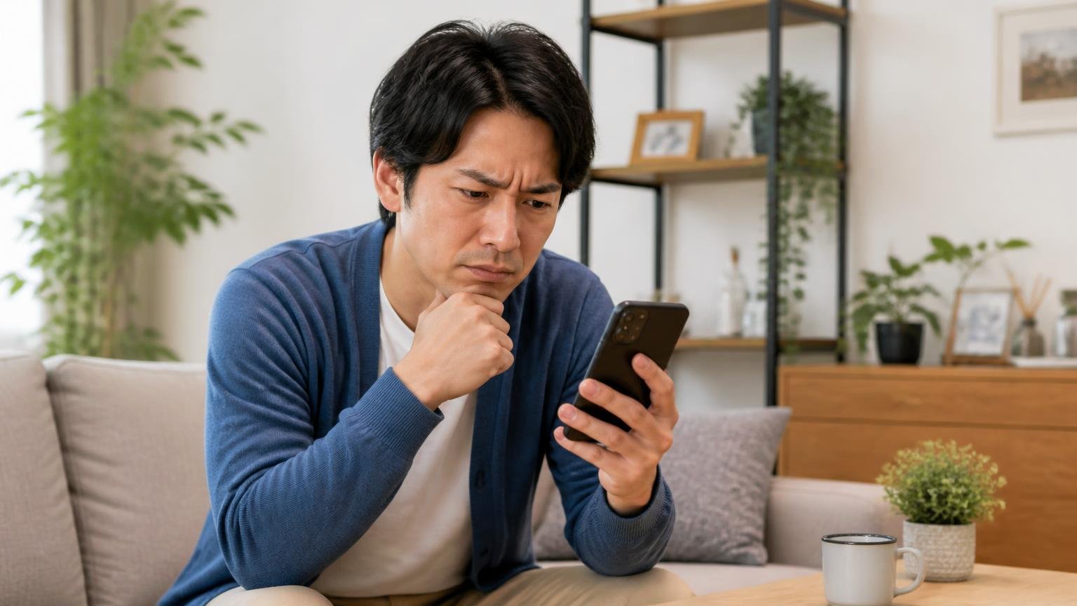 星1の中身は施工の失敗ではなかった リビングでスマホの低評価口コミを見て眉をひそめる男性1人